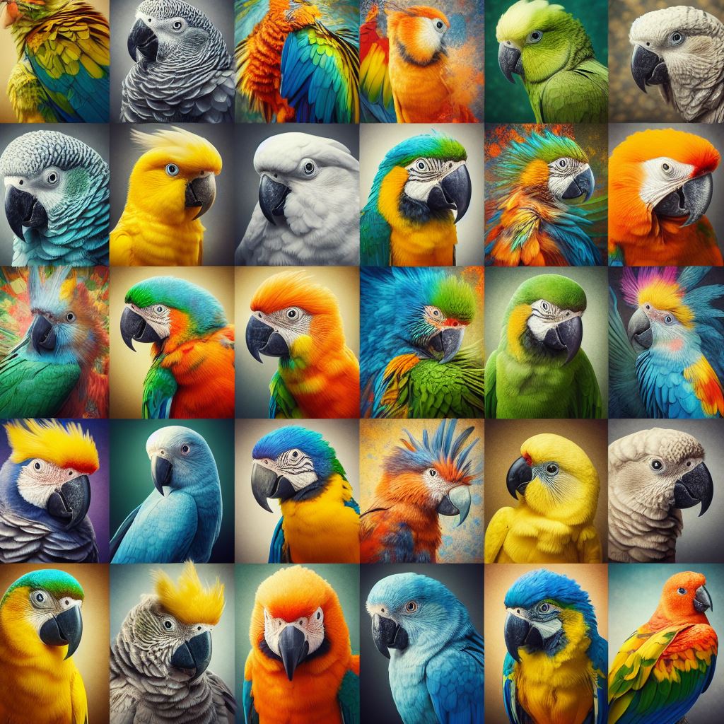 Collage de loros, pericos y cacatúas con plumajes coloridos.