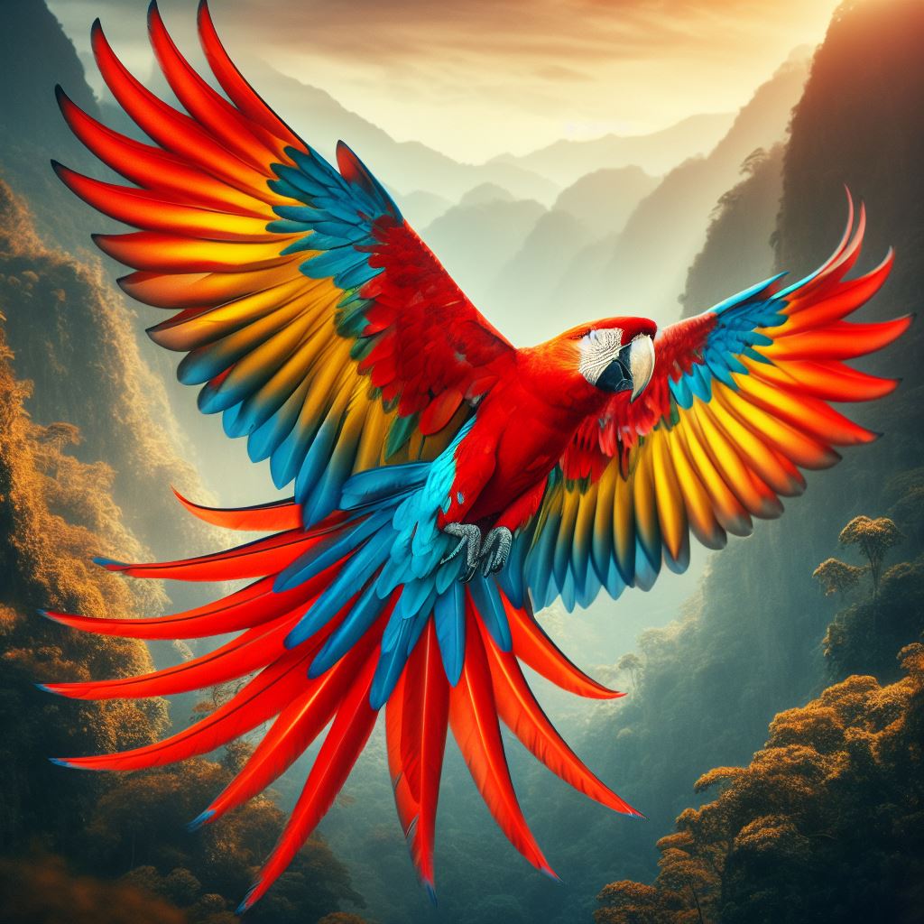 Guacamayo Rojo en vuelo con plumas rojas, azules y amarillas.