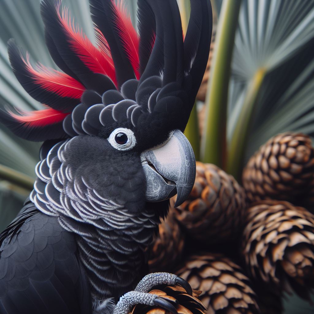 Cacatúa de las Palmas con plumaje negro y cresta roja.