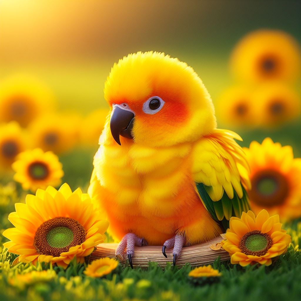 Perico Sol con plumaje amarillo.